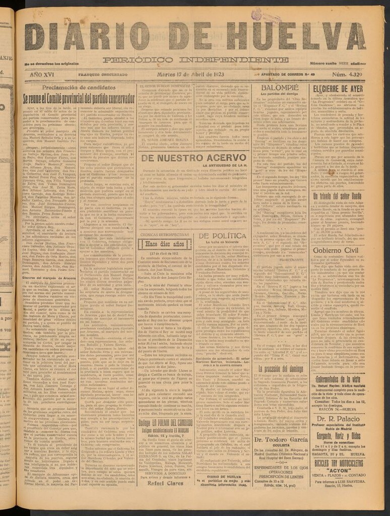 Miniatura de Diario de Huelva : periódico independiente del 17 de abril de 1923