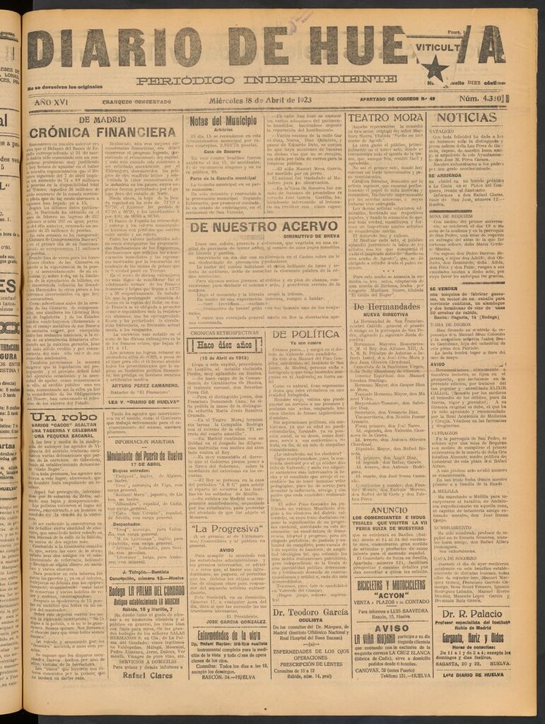 Miniatura de Diario de Huelva : periódico independiente del 18 de abril de 1923