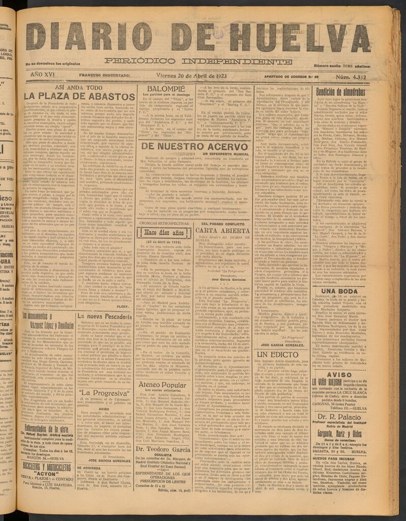 Miniatura de Diario de Huelva : periódico independiente del 20 de abril de 1923