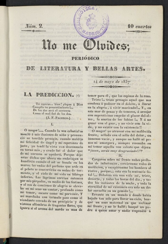Miniatura de No me olvides: periódico de literatura y bellas artes del 14 de mayo de 1837, nº 2