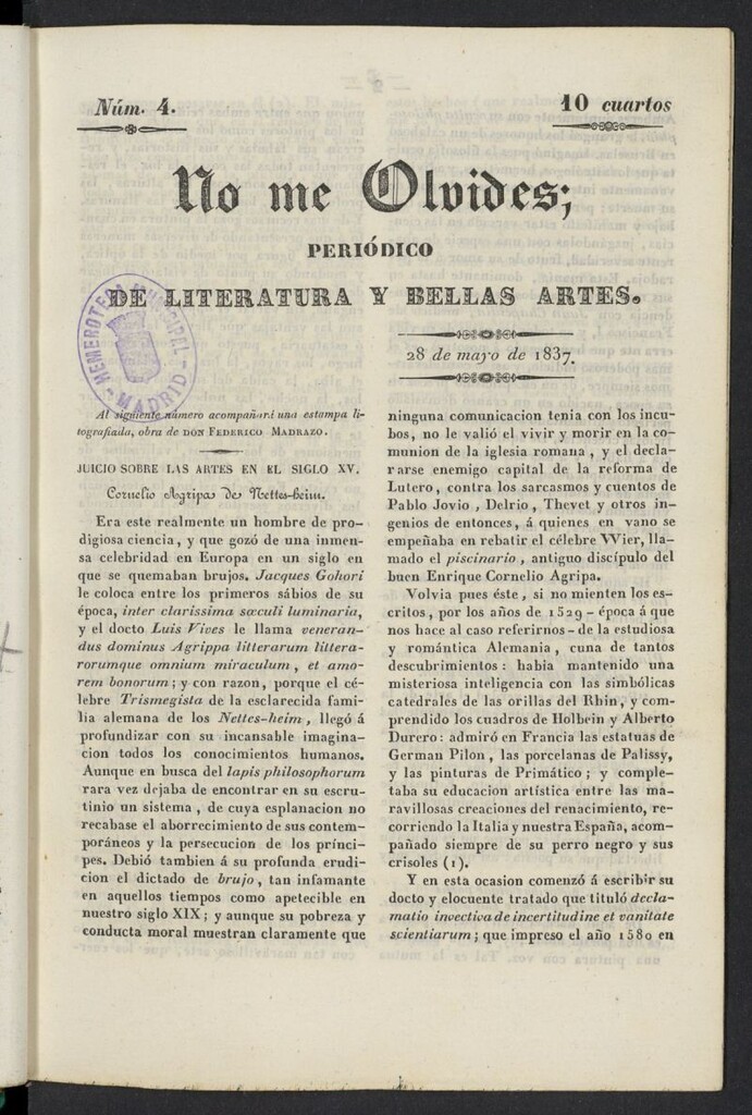 Miniatura de No me olvides: periódico de literatura y bellas artes del 28 de mayo de 1837, nº 4