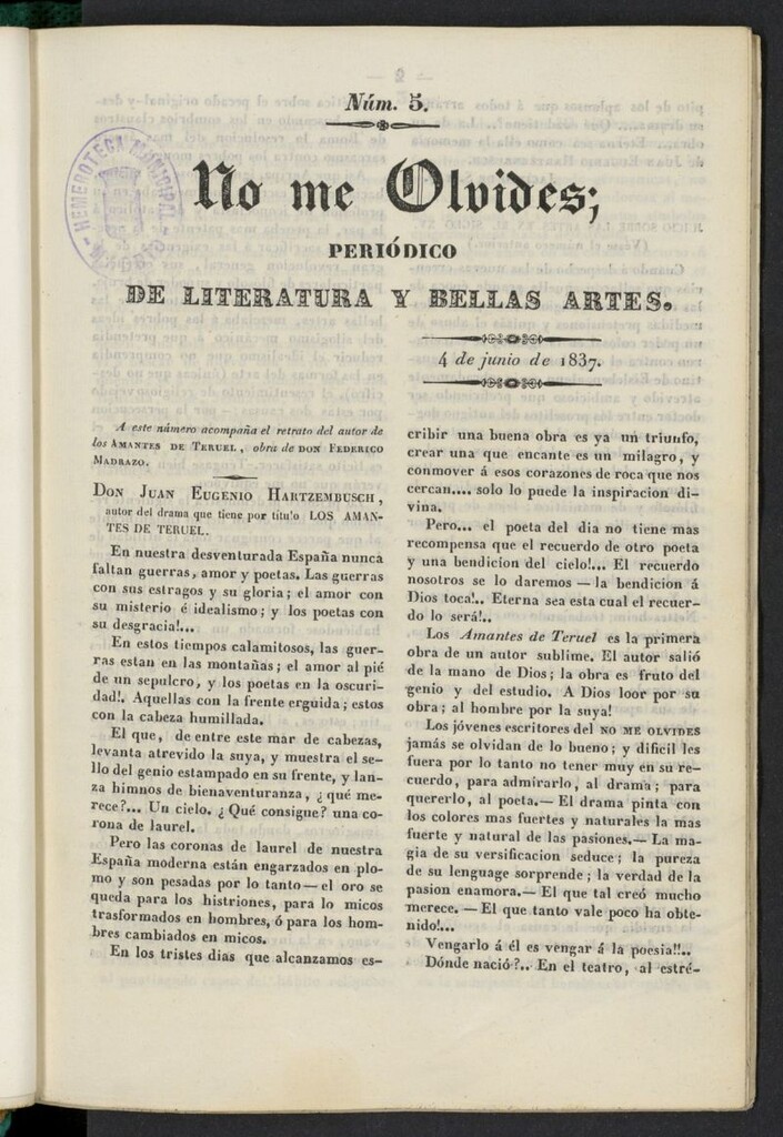 Miniatura de No me olvides: periódico de literatura y bellas artes del 4 de junio de 1837, nº 5