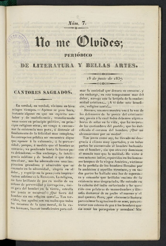 Miniatura de No me olvides: periódico de literatura y bellas artes del 18 de junio de 1837, nº 7