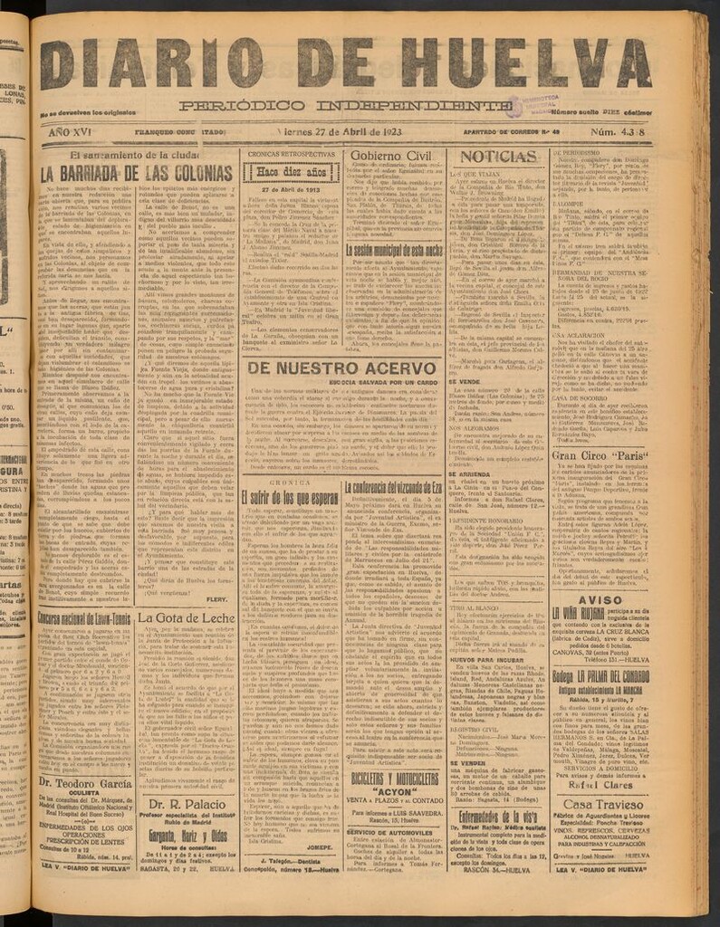 Miniatura de Diario de Huelva : periódico independiente del 27 de abril de 1923