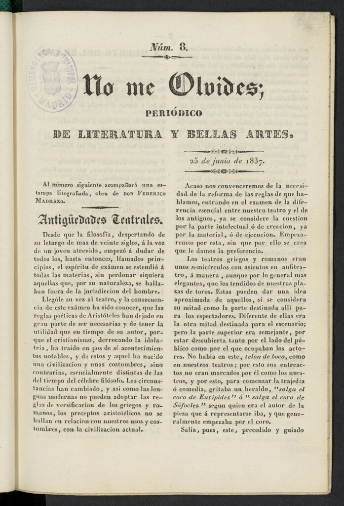 Miniatura de No me olvides: periódico de literatura y bellas artes del 25 de junio de 1837, nº 8