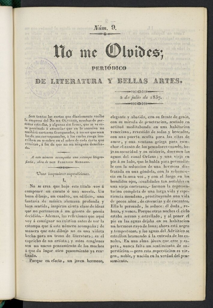 Miniatura de No me olvides: periódico de literatura y bellas artes del 2 de julio de 1837, nº 9
