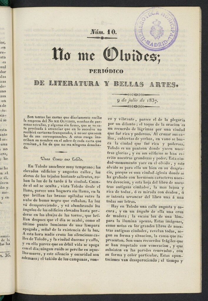 Miniatura de No me olvides: periódico de literatura y bellas artes del 9 de julio de 1837, nº 10