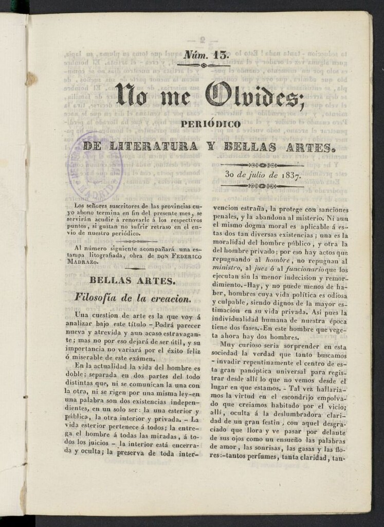 Miniatura de No me olvides: periódico de literatura y bellas artes del 30 de julio de 1837, nº 13