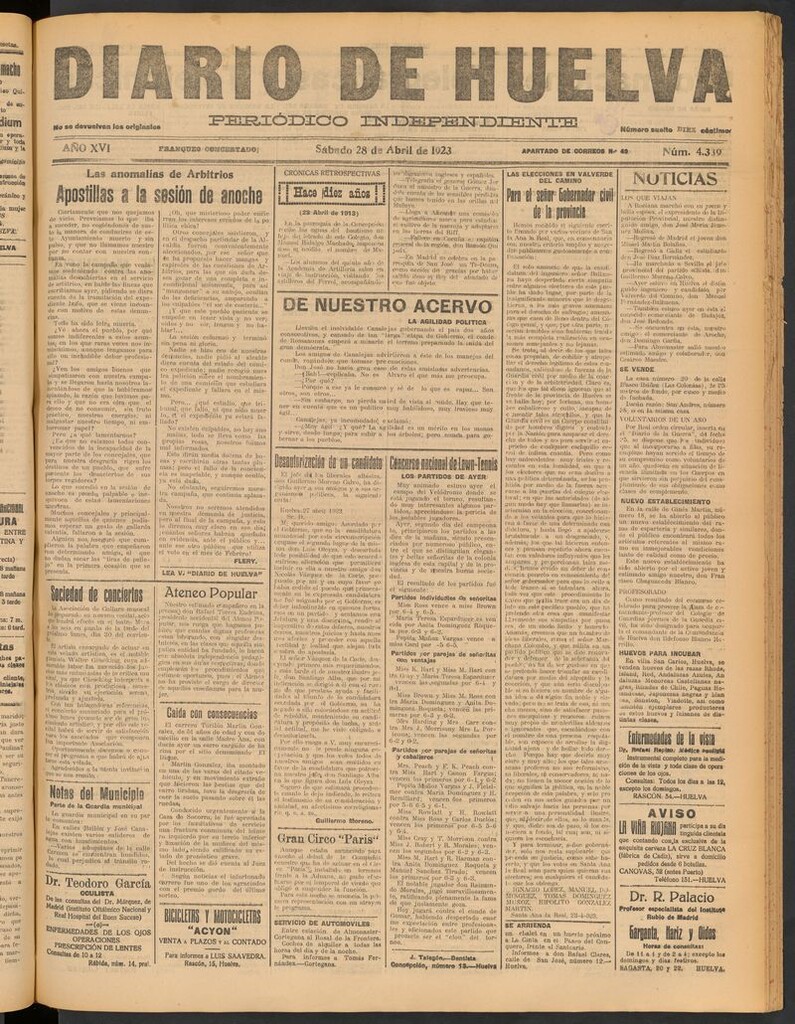 Miniatura de Diario de Huelva : periódico independiente del 28 de abril de 1923