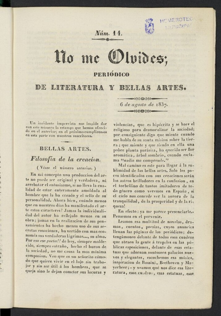 Miniatura de No me olvides: periódico de literatura y bellas artes del 6 de agosto de 1837, nº 14