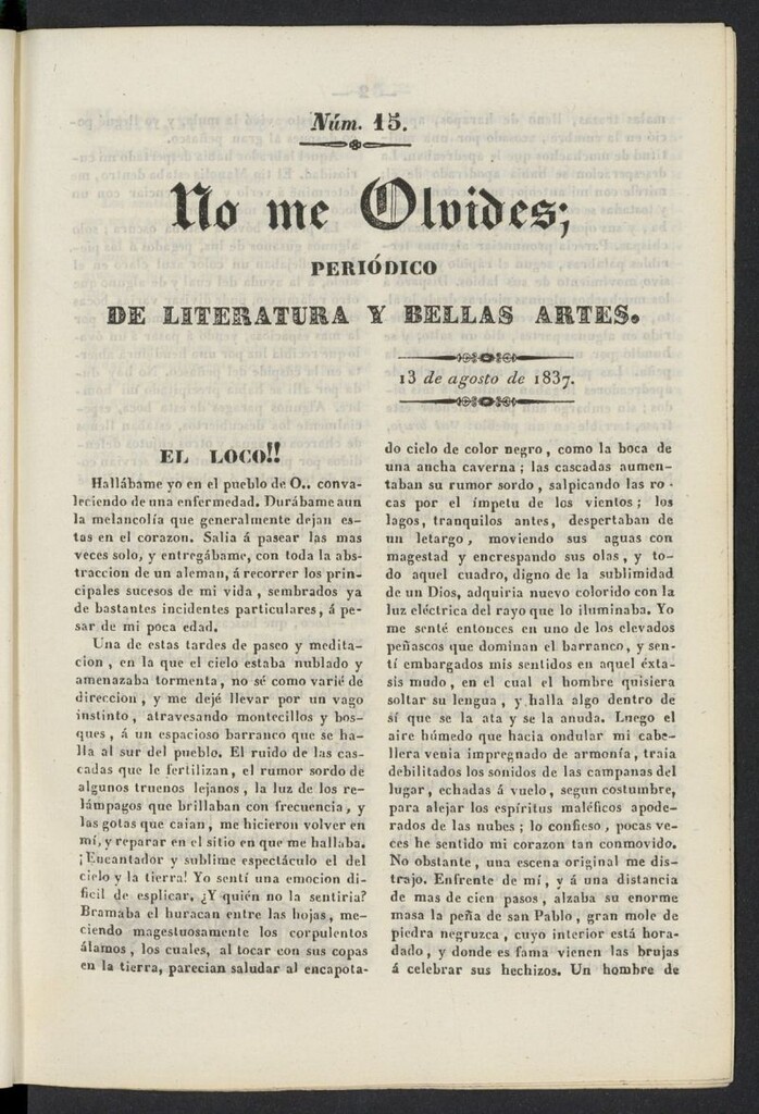 Miniatura de No me olvides: periódico de literatura y bellas artes del 13 de agosto de 1837, nº 15