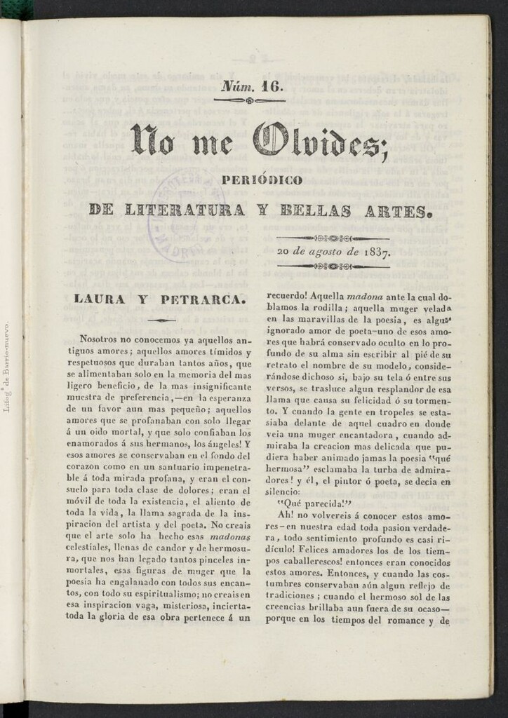 Miniatura de No me olvides: periódico de literatura y bellas artes del 20 de agosto de 1837, nº 16