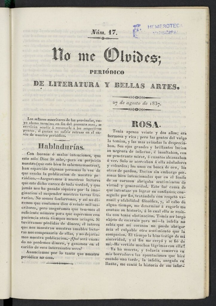 Miniatura de No me olvides: periódico de literatura y bellas artes del 27 de agosto de 1837, nº 17