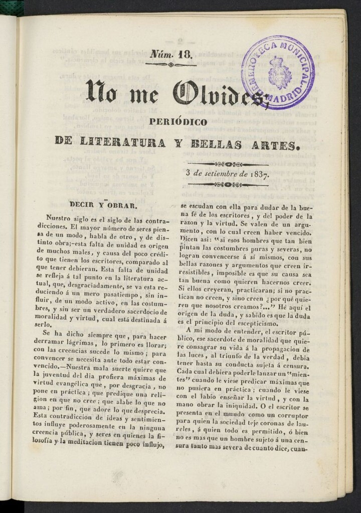 Miniatura de No me olvides: periódico de literatura y bellas artes del 3 de septiembre de 1837, nº 18
