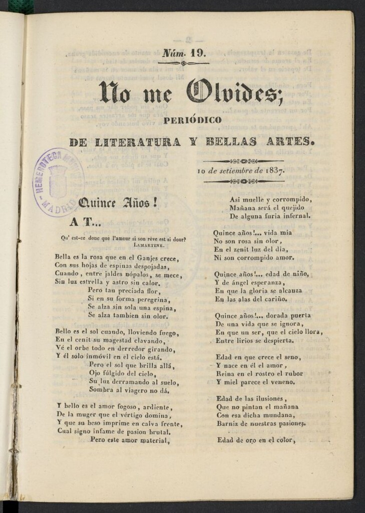 Miniatura de No me olvides: periódico de literatura y bellas artes del 10 de septiembre de 1837, nº 19