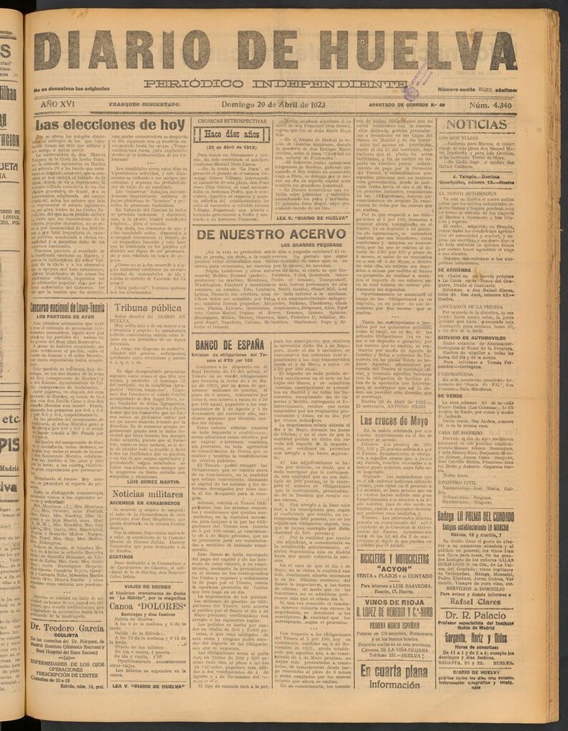Miniatura de Diario de Huelva : periódico independiente del 29 de abril de 1923