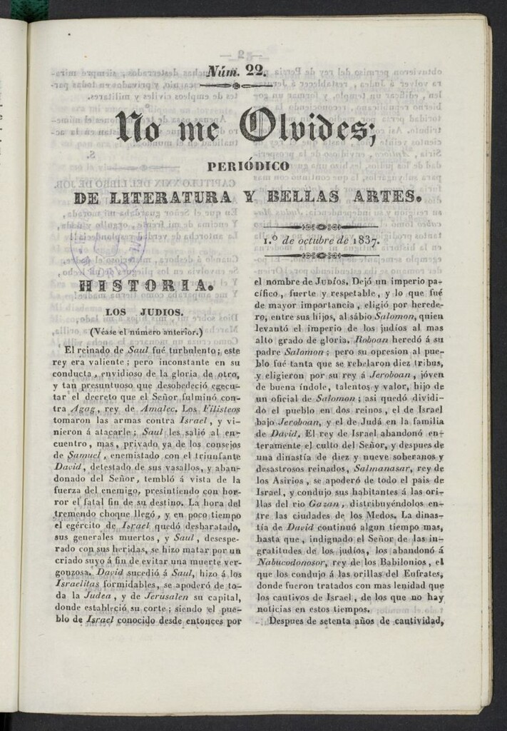 Miniatura de No me olvides: periódico de literatura y bellas artes del 1 de octubre de 1837, nº 22