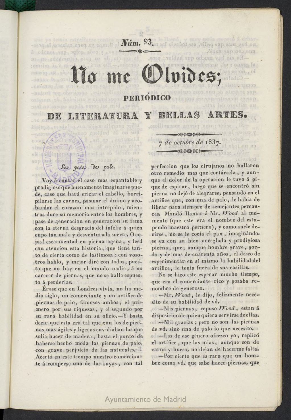 Miniatura de No me olvides: periódico de literatura y bellas artes del 7 de octubre de 1837, nº 23