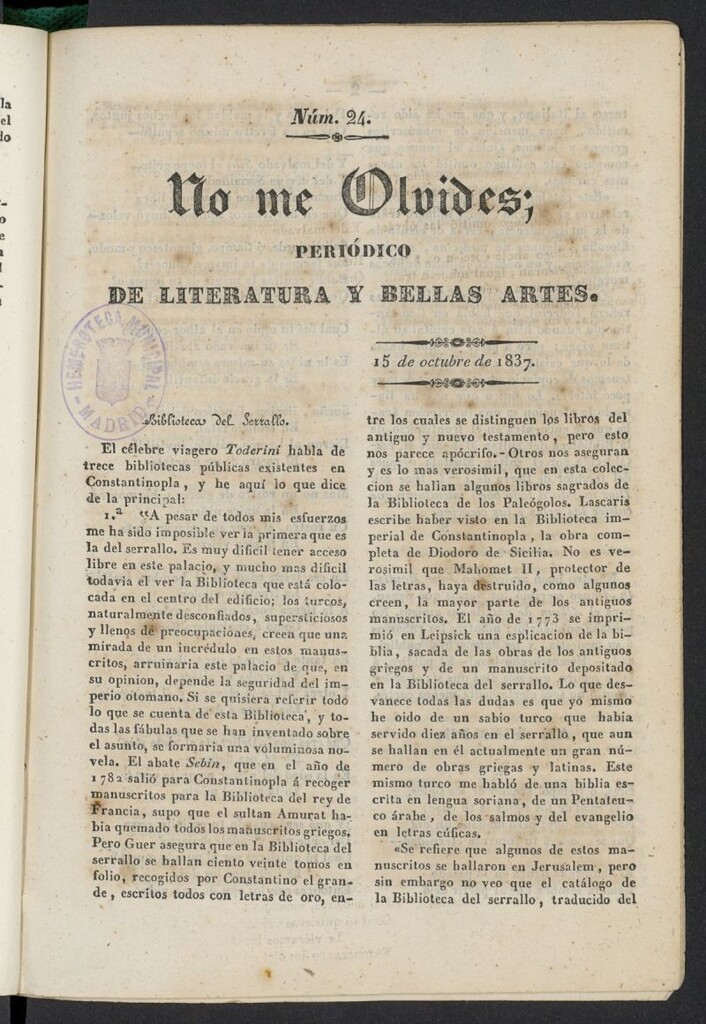 Miniatura de No me olvides: periódico de literatura y bellas artes del 15 de octubre de 1837, nº 24