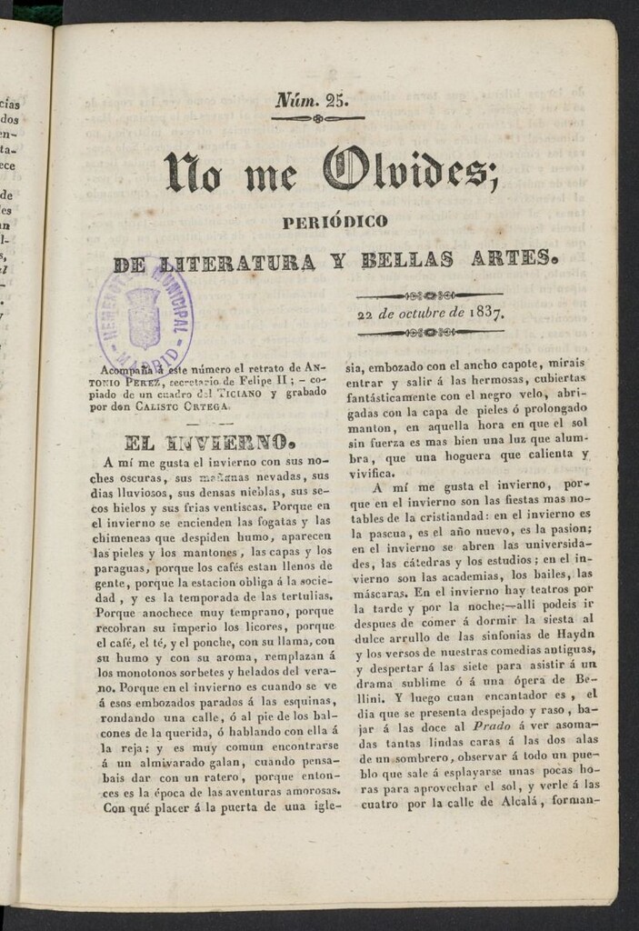Miniatura de No me olvides: periódico de literatura y bellas artes del 22 de octubre de 1837, nº 25