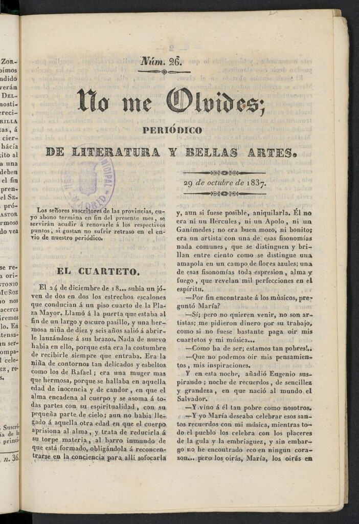 Miniatura de No me olvides: periódico de literatura y bellas artes del 29 de octubre de 1837, nº 26