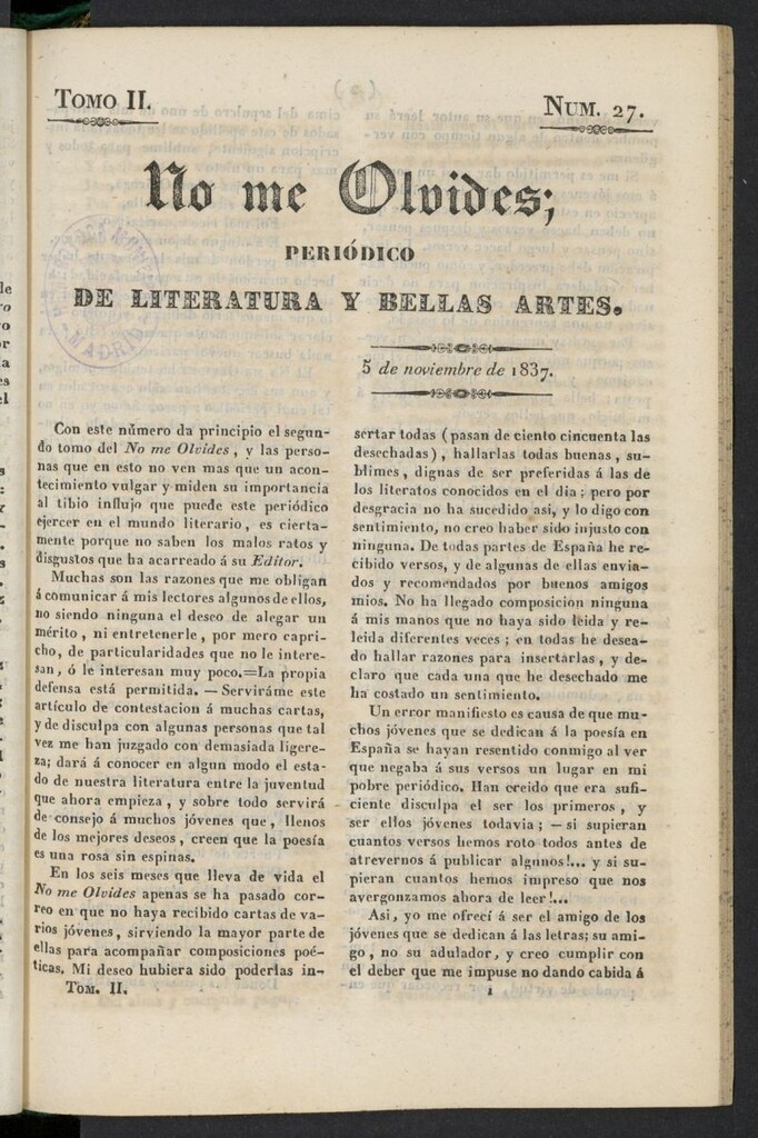 Miniatura de No me olvides: periódico de literatura y bellas artes del 5 de noviembre de 1837, nº 27