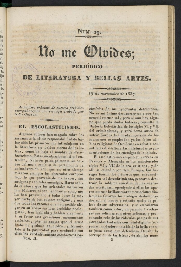 Miniatura de No me olvides: periódico de literatura y bellas artes del 19 de noviembre de 1837, nº 29
