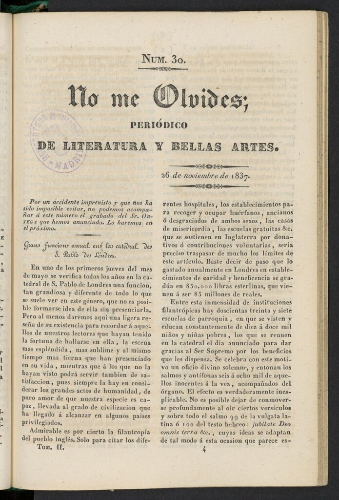 Miniatura de No me olvides: periódico de literatura y bellas artes del 26 de noviembre de 1837, nº 30