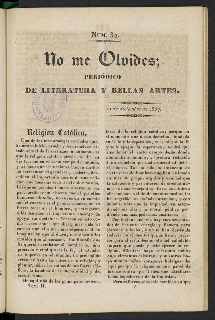 Miniatura de No me olvides: periódico de literatura y bellas artes del 10 de diciembre de 1837, nº 32