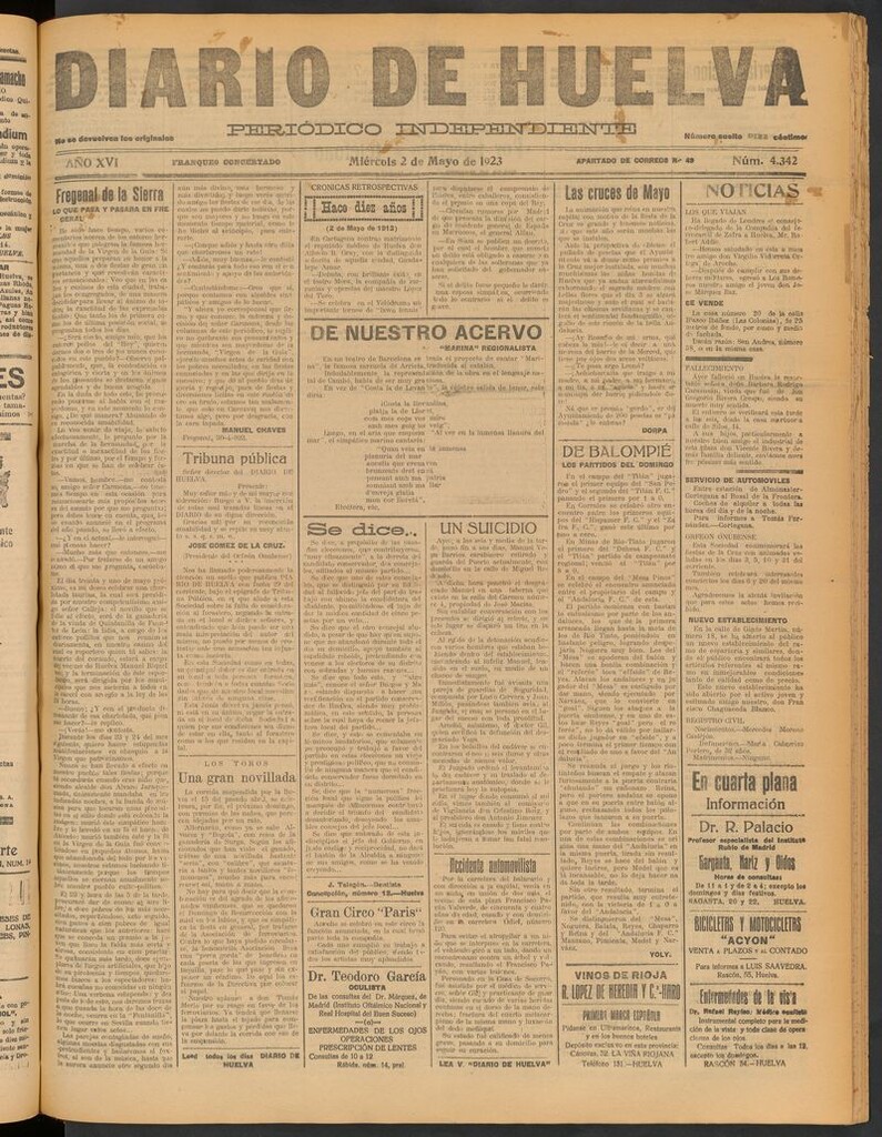 Miniatura de Diario de Huelva : periódico independiente del 2 de mayo de 1923