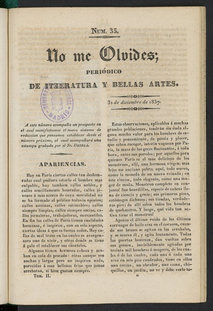 Miniatura de No me olvides: periódico de literatura y bellas artes del 31 de diciembre de 1837, nº 35