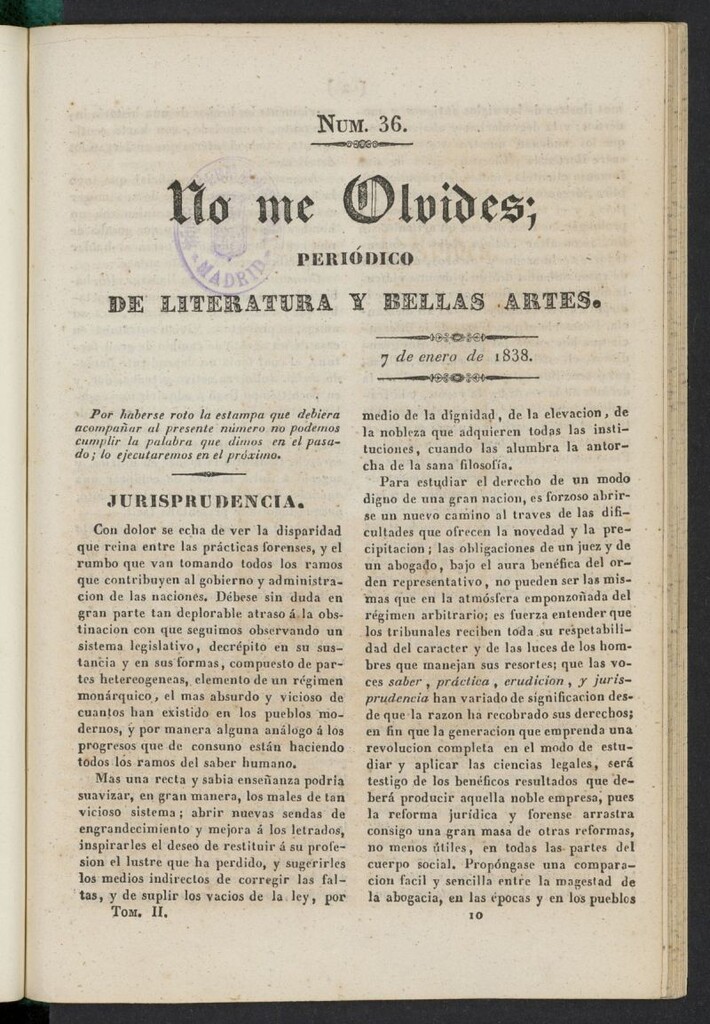 Miniatura de No me olvides: periódico de literatura y bellas artes del 7 de enero de 1838, nº 36