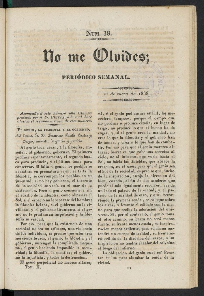 Miniatura de No me olvides: periódico de literatura y bellas artes del 21 de enero de 1838, nº 38