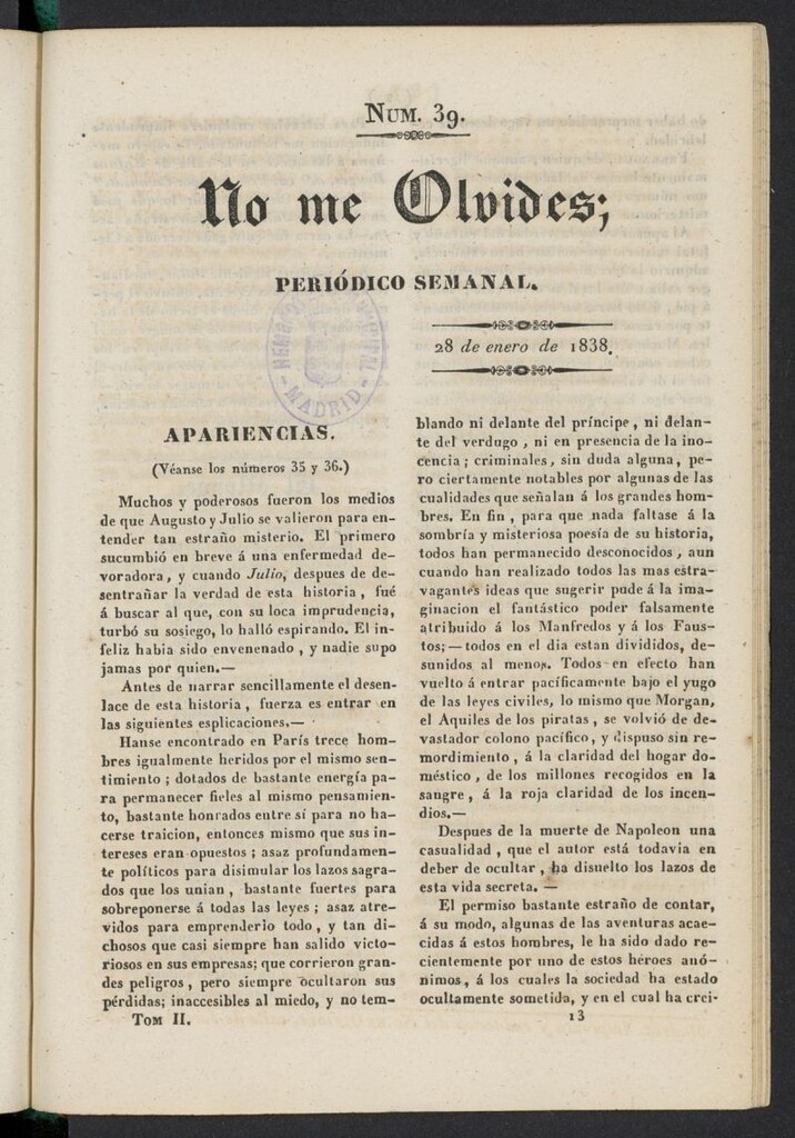 Miniatura de No me olvides: periódico de literatura y bellas artes del 28 de enero de 1838, nº 39