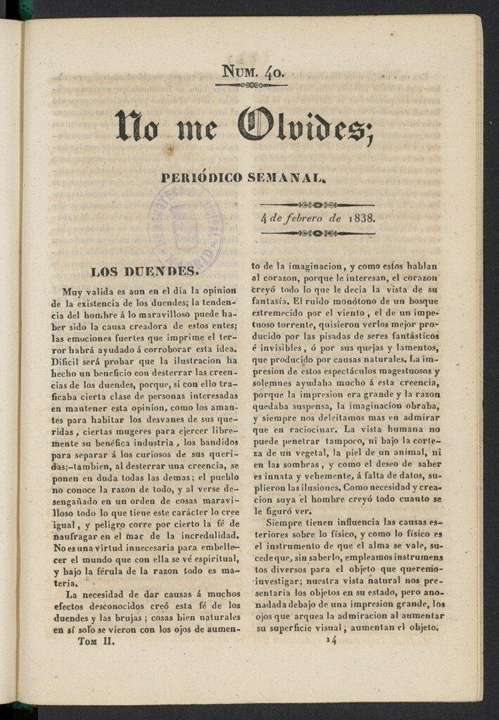 Miniatura de No me olvides: periódico de literatura y bellas artes del 4 de febrero de 1838, nº 40