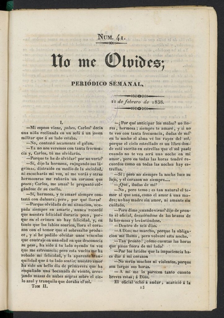 Miniatura de No me olvides: periódico de literatura y bellas artes del 11 de febrero de 1838, nº 41