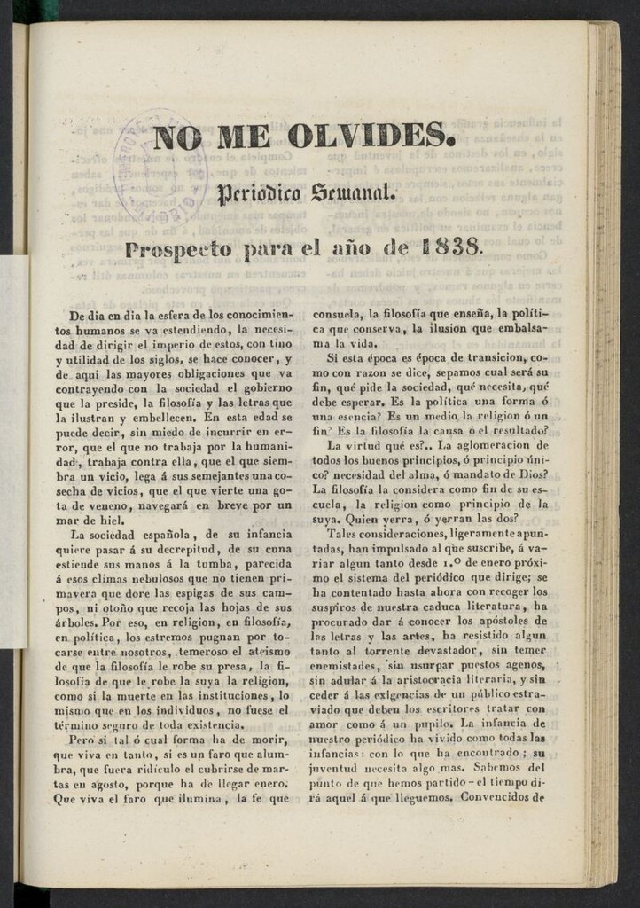 Miniatura de No me olvides: periódico de literatura y bellas artes de 1838, prospecto