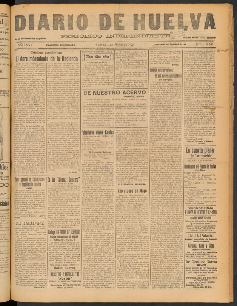 Miniatura de Diario de Huelva : periódico independiente del 3 de mayo de 1923
