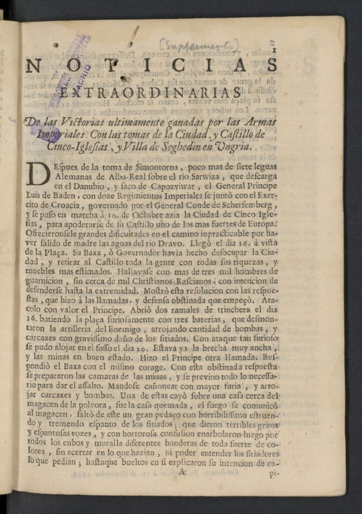 Miniatura de Noticias principales y verdaderas. Suplemento con las noticias particulares de las victorias ganadas por las Armas Imperiales. 12 de noviembre de 1686