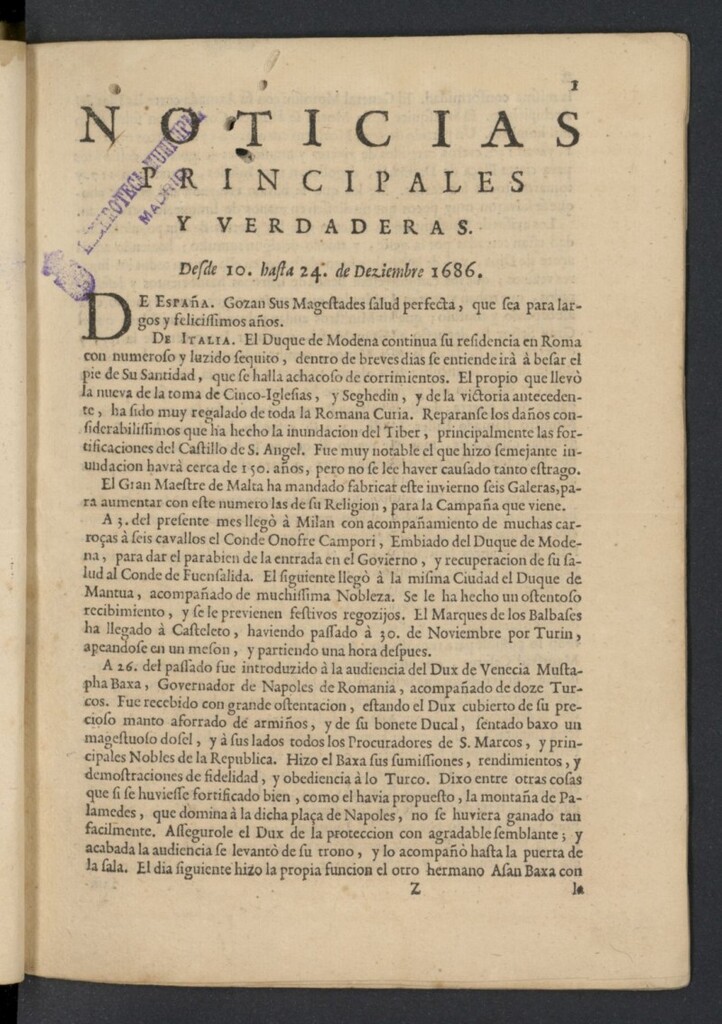Miniatura de Noticias principales y verdaderas del 10 al 24 de diciembre de 1686