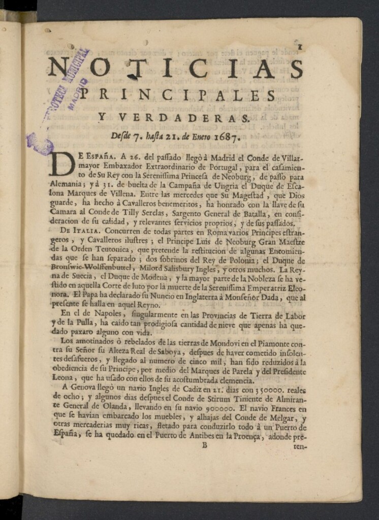 Miniatura de Noticias principales y verdaderas del 7 al 21 de enero de 1687