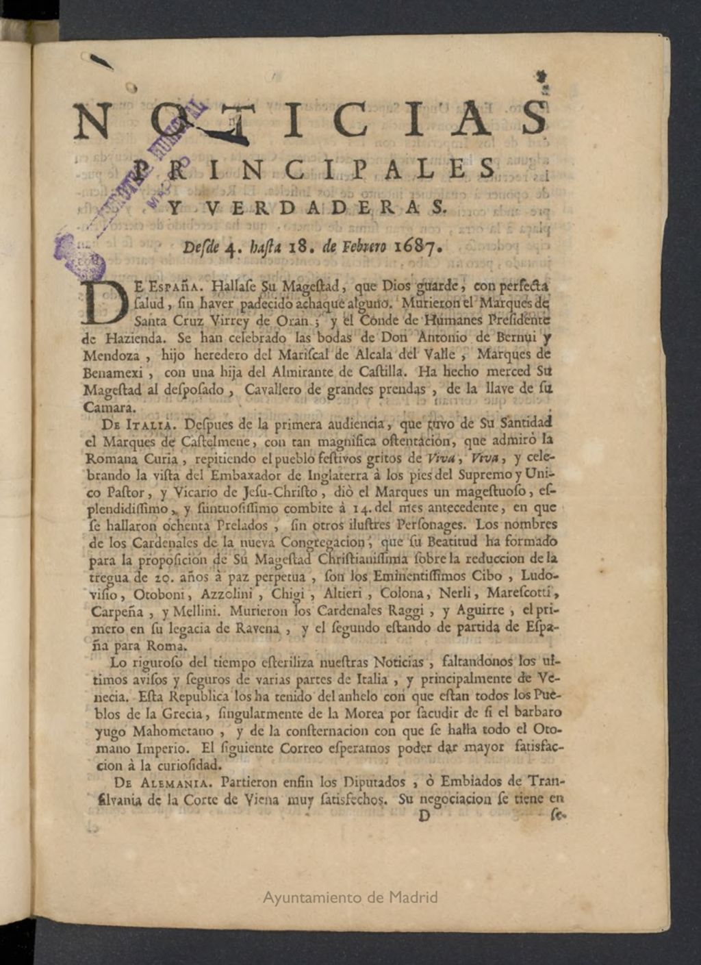 Miniatura de Noticias principales y verdaderas del 4 al 18 de febrero de 1687