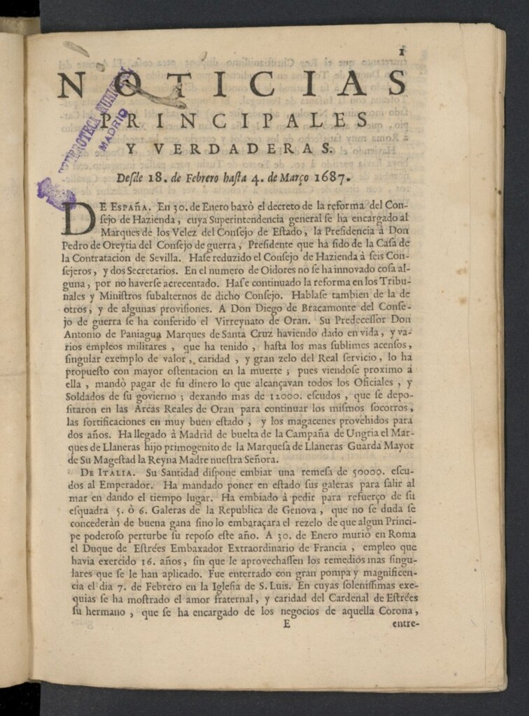Miniatura de Noticias principales y verdaderas del 18 de febrero al 4 de marzo de 1687