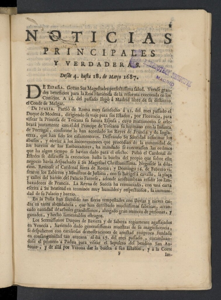 Miniatura de Noticias principales y verdaderas del 4 al 18 de marzo de 1687