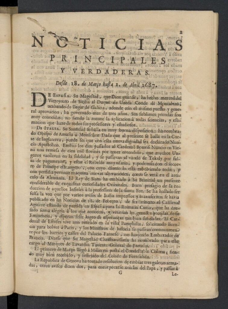 Miniatura de Noticias principales y verdaderas del 18 de marzo al 1 de abril de 1687