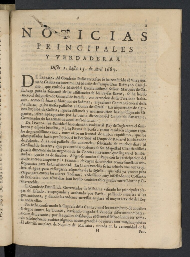Miniatura de Noticias principales y verdaderas del 1 al 15 de abril de 1687