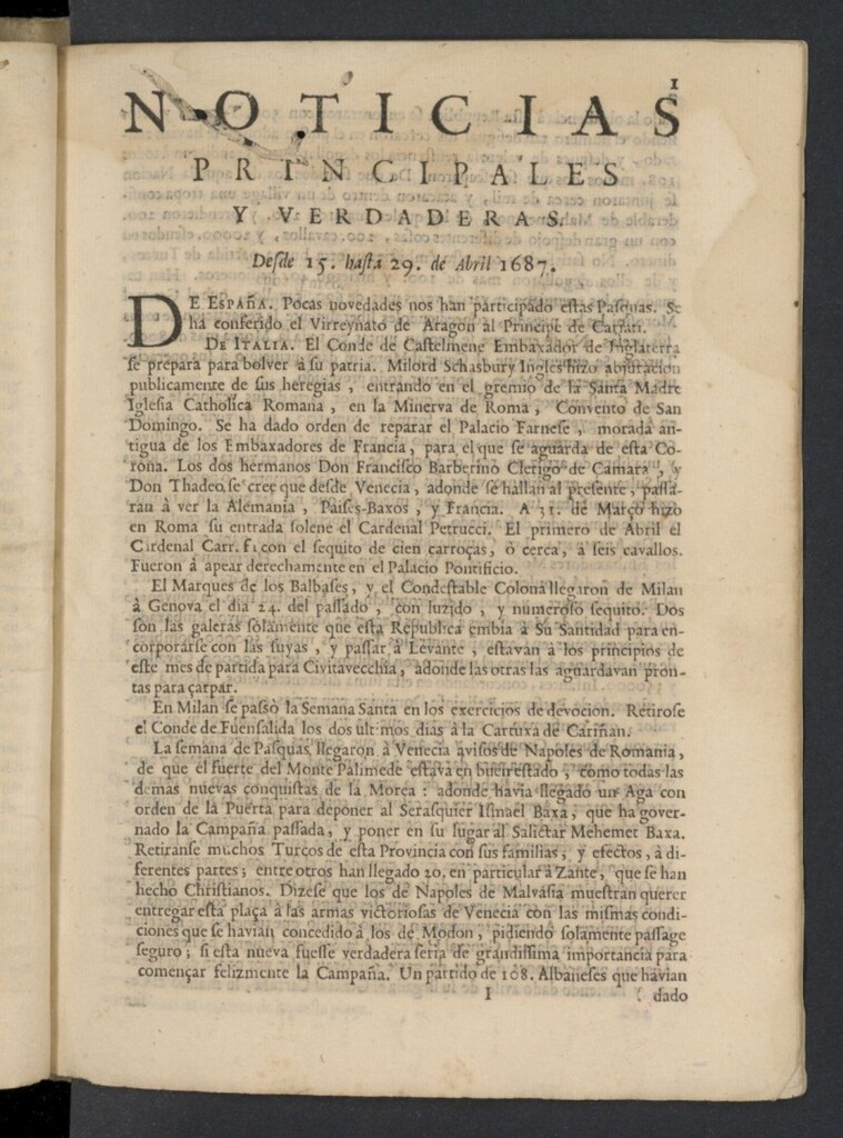 Miniatura de Noticias principales y verdaderas del 15 al 29 de abril de 1687