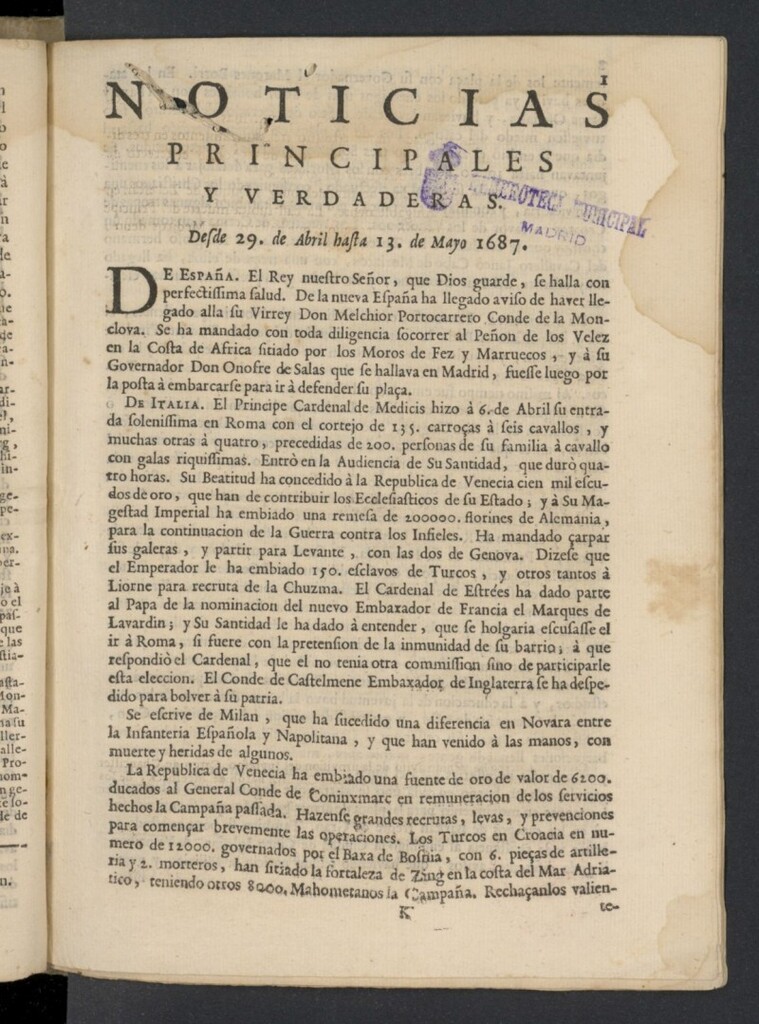 Miniatura de Noticias principales y verdaderas del 29 de abril  al 13 de mayo de 1687