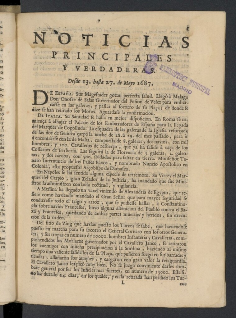 Miniatura de Noticias principales y verdaderas del 13 al 27 de mayo de 1687