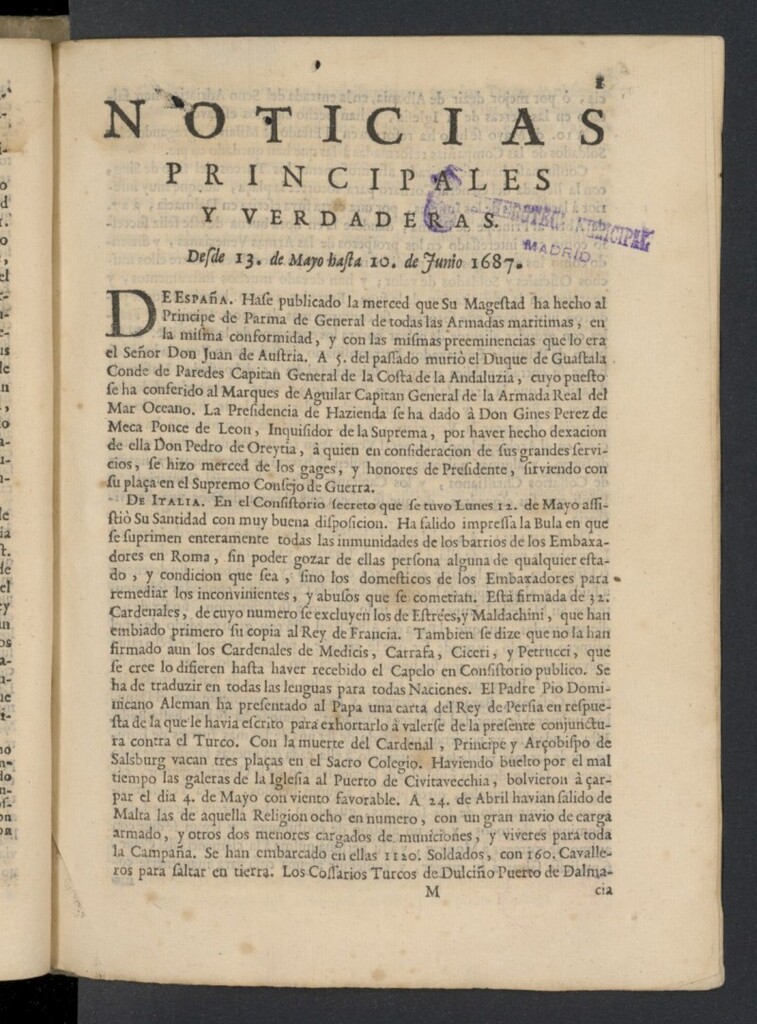 Miniatura de Noticias principales y verdaderas del 13 [sic] de mayo al 10 de junio de 1687